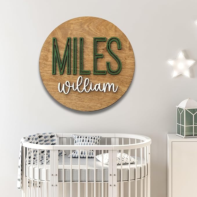 Custom Round Nusery Name Sign, Personalized 3D Baby Name Announcement Sign, Personalized Wooden Wall Plaque, 3D Wall Art for Children & Kids Rooms, Family Name Signs, 30 Colors (Design 11)