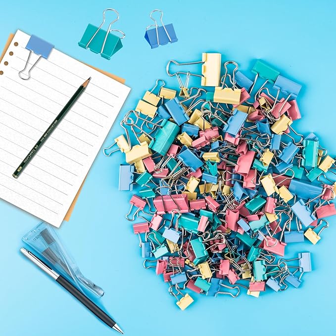 200 Count Colored Binder Clips Assorted Sizes, 4 Sizes Large, Medium, Small, Mini, Metal Paper Clamps, Bulk Clips Office Supplies (1 1/4", 1", 3/4", 1/2 Inch) KKEETUR