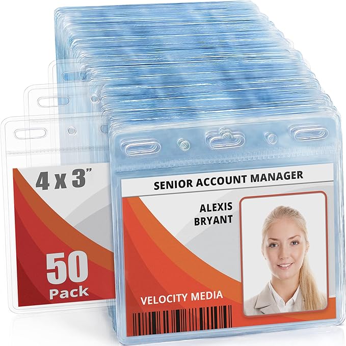 Mifflin-USA Card Protector (4x3 Inch, Clear, Bulk 50 Pack) Quick Load Horizontal No Zipper Name ID Badge Holder