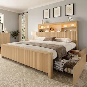 King Size Bed Frame with 4 Storage Drawers, Natural