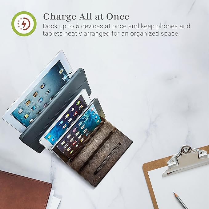 Prosumer's Choice Multi Device Charging Station Wood - Desktop Organizer with Holder for Multiple Phones - Elegant Wooden Desk Accessories - 6 Device Charging Station for Work from Home and Office
