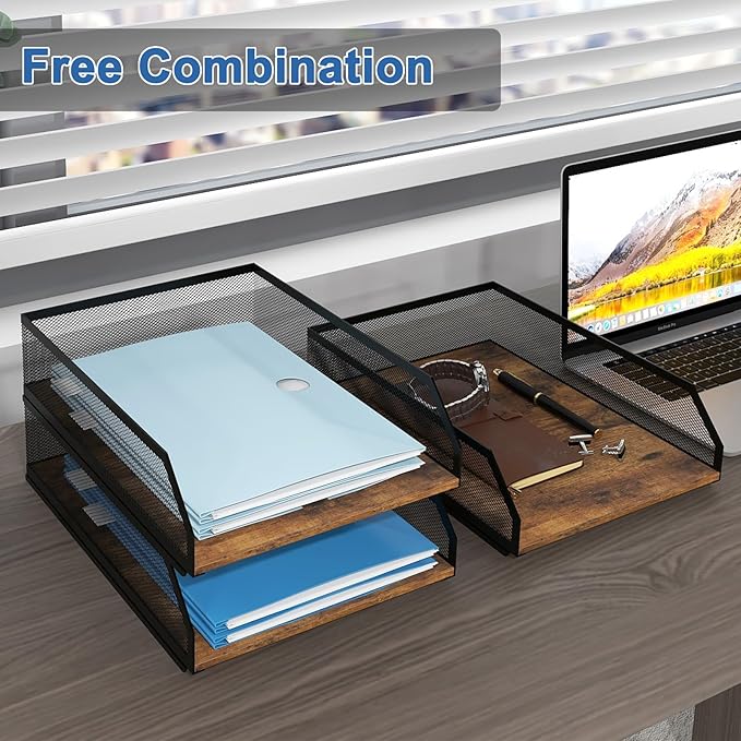Natwind 3-Tier Stackable Paper Tray, Metal Mesh Desktop Organizer, Wood Board Paper Sorter, Letter Trays,File Document Storage Rack for for Home, Office, School (Retro)