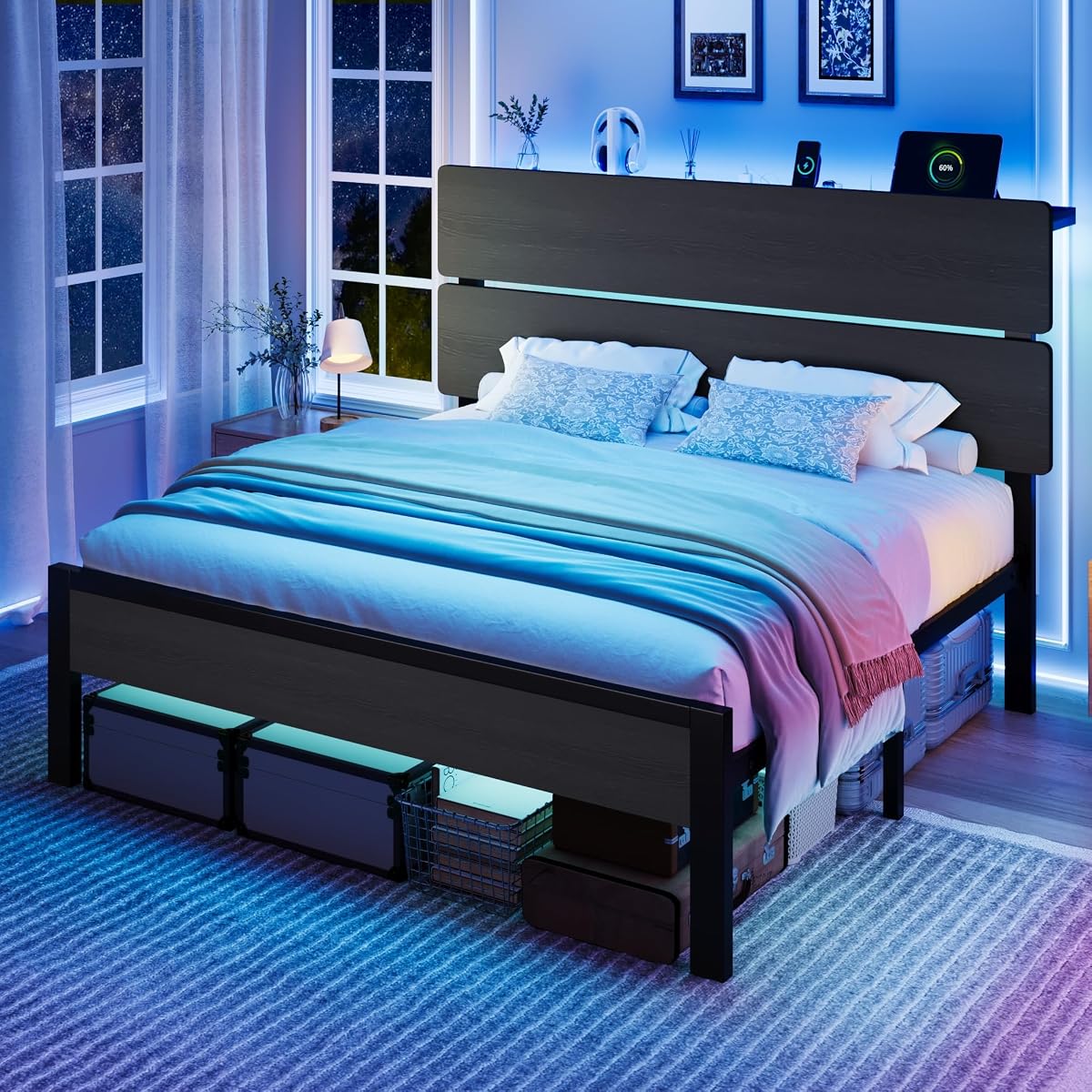 Queen Size Bed Frame, Led Light, Charging Station, Storage Shelf