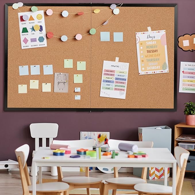 Board2by Extra Large Cork Bulletin Board 72" X 48", Foldable Notice Pin Board for Wall, Black Wood Framed 6'x4' Corkboard, Wall Mounted Noticeboard with 32 Push Pins for School, Home & Office
