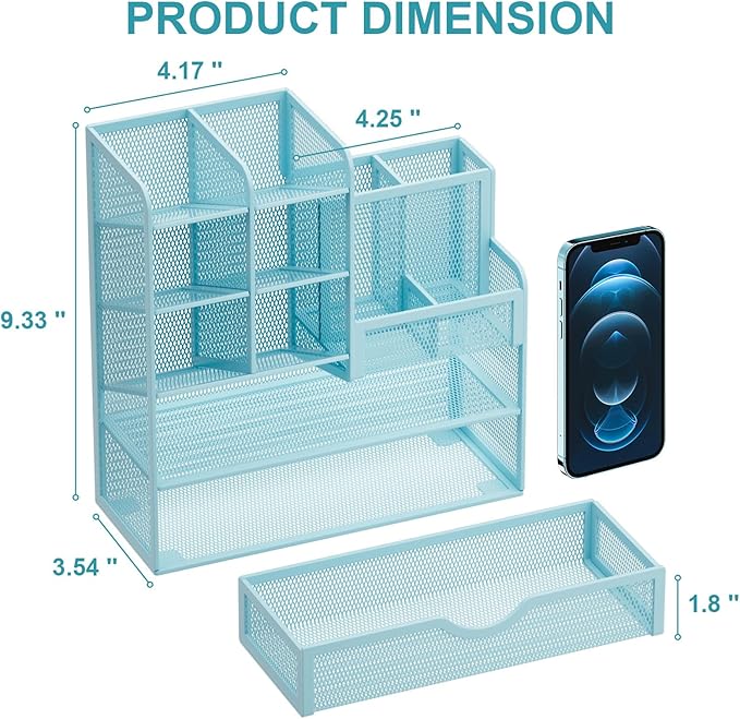 Marbrasse Mesh Pen Holder for Desk, Multi-Functional Pencil Organizer with Drawer, Desk Organizers and Accessories for Office Art Supplies (Blue)