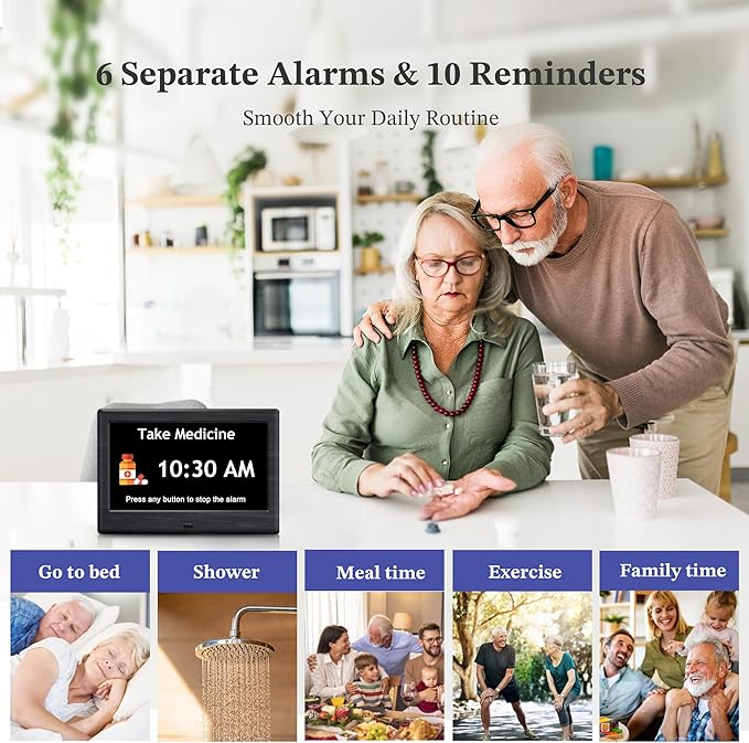 7'' Dementia Clock For Seniors, Large Display Digital Clock With Date, Time, Day Of Week for Elderly, Alzheimer, 1024*600P HD, 10 Reminders & 7 Alarms, Auto Dimming & DST, Remote Control, Woodgrain