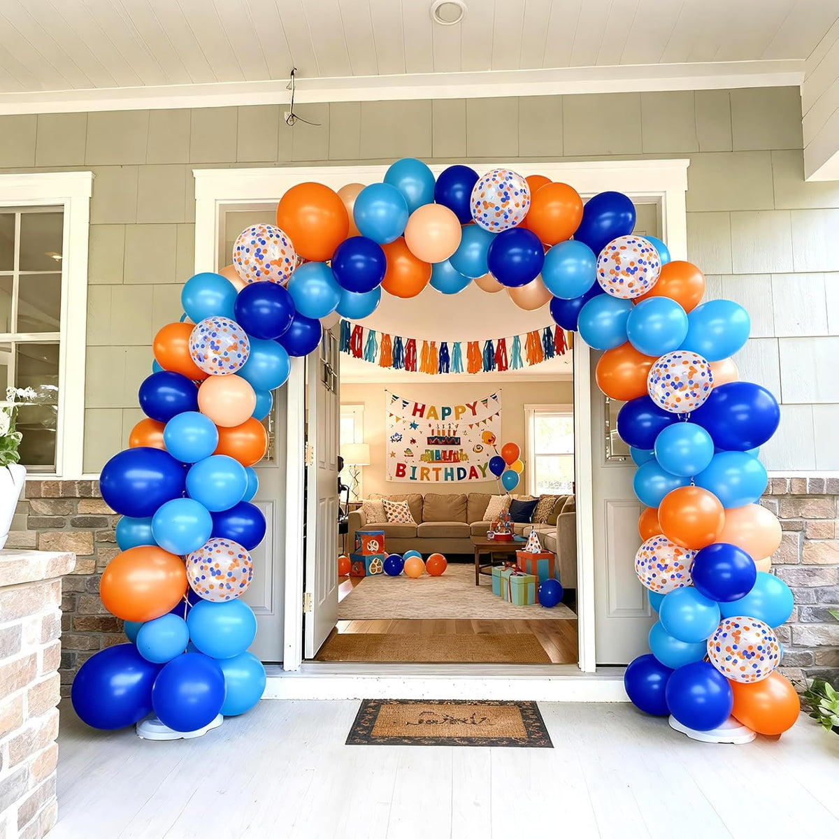 Bezente Orange and Blue Balloons Kit, 60pcs 12 inch Light Royal Blue Nude Latex Balloons Orange Confetti Helium Balloons for Kids Birthday Baby Shower Anniversary Graduation Themed Party Decorations