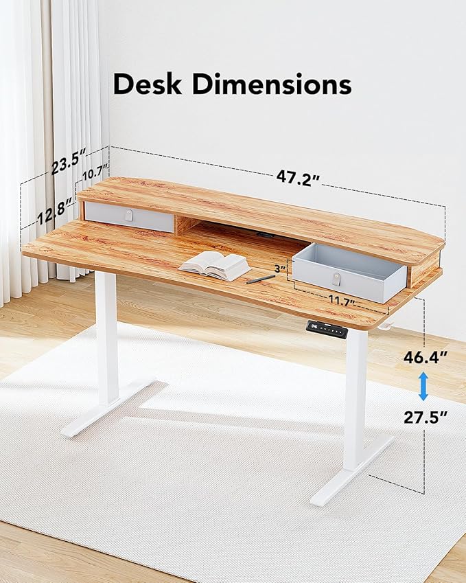 HUANUO 48″ x 24″ Electric Standing Desk with 2 Drawers, C-Clamp Mount Compatible, Height Adjustable Computer Desk, Home Office Stand Up Desk with 4 Preset Heights & 2 Hooks, Light Vintage