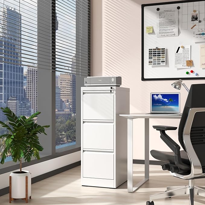 Reegangfa 3 Drawer File Cabinet with Lock, 18" D Metal Vertical Filing Cabinets, Steel File Storage Cabinets for Home Office, Hanging A4 Legal/Letter Size Narrow File Cabinet, Assembly Required