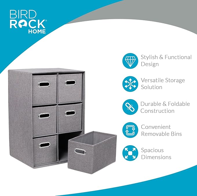 BIRDROCK HOME Linen Cube Organizer Shelf w/ 6 Storage Fabric Bins - Foldable & Durable - Toys, Clothes, Towels - Collapsible Cubby for Kids Room, Dorm, Closet, Bedroom - Large Shelving Cubbies - Grey