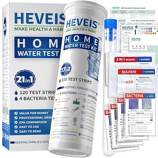 21-in-1 Home Drinking Water Testing Kit - 120 Strips + 4 Bacteria Tests - Tap and Well Water Test Kit, Easy to Test and Read for Hardness, Lead, Iron, Fluoride, pH, Copper, Bacteria and More