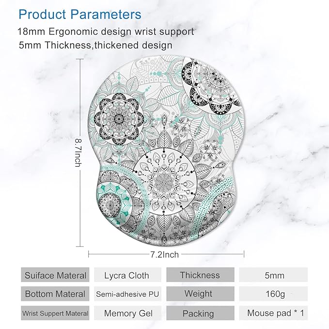 ITNRSIIET Ergonomic Mouse Pad with Gel Wrist Support Small Wrist Rest Smooth Surface Non-Slip PU Base Comfortable Office Supplies Pain Relief, 8.7 x 7.2 inches, Mandala Flowers