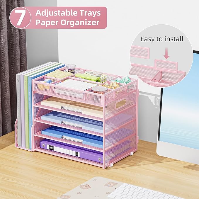 Marbrasse 5-Tier Desk Organizer with File Holder,Paper Letter Tray Organizer,Desktop File Organizer with Adjustable Compartments,Mesh Desk Organizers and Accessories for Office Supplies,Pink