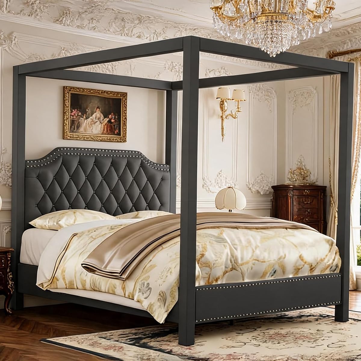 Upholstered Queen Size Bed Frame with Canopy Poles and Headboard