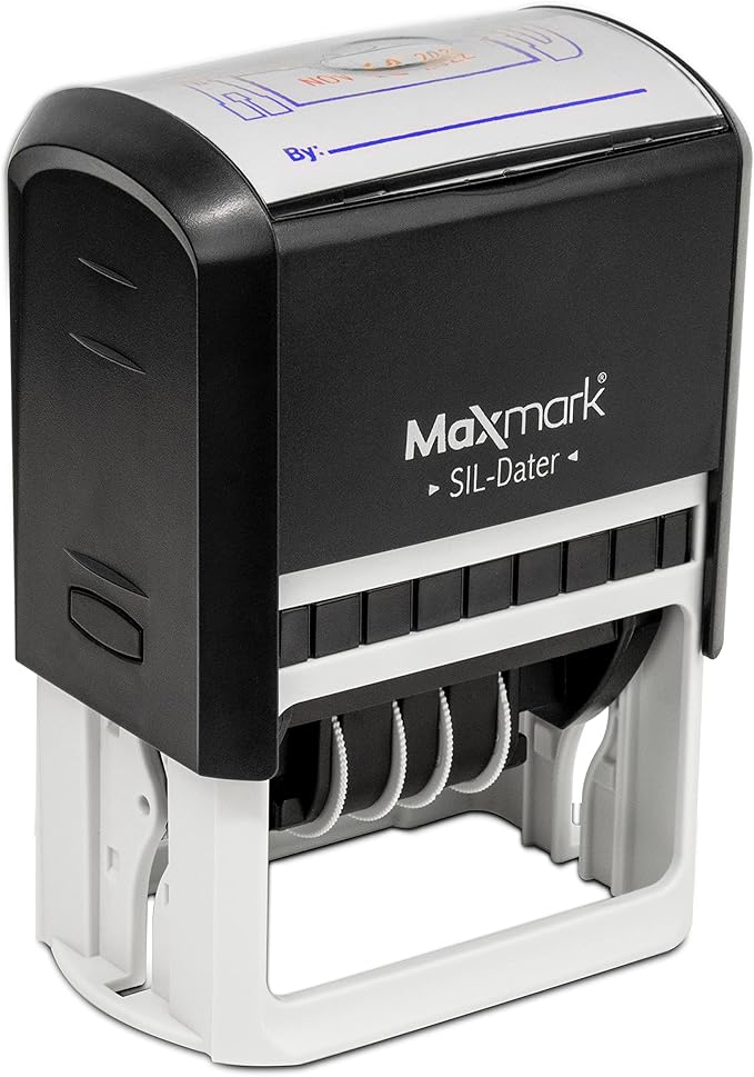 MaxMark Large Self-Inking Rubber Date Office Stamp with Scanned Phrase & Date - Black Ink, 12-Year Band - Style 3