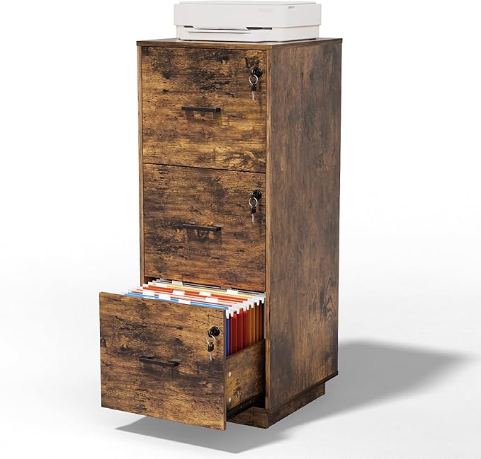 VINGLI 3 Drawer File Cabinet with Lock, Home Office Filing Organizer, for Letter Size File Folder Storage, Wood Tall Vertical Filing Cabinet, Printer Stand, Archivador (Rustic Brown)