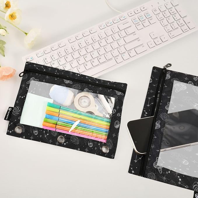 Space Planet Stars Moon Binder Pouches 3 Ring for Boys Girls School Office College Supplies Galaxy Black Universe Rocket Pencil Pouches Case Bag with Clear Window and Zipper 2 Pack