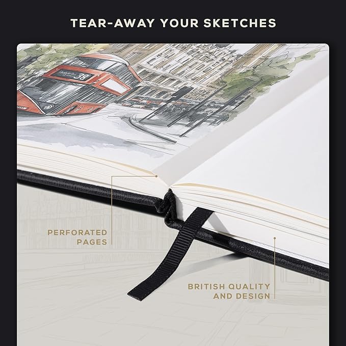 Beechmore Books Square Sketchbook – 8x8 Premium Vegan Leather Bound Large Sketch Book Hardcover with 156 Thick 160gsm Perforated Ivory Pages, Blank Sketch Pad, Gift Boxed Back Pocket, Ribbon Bookmark