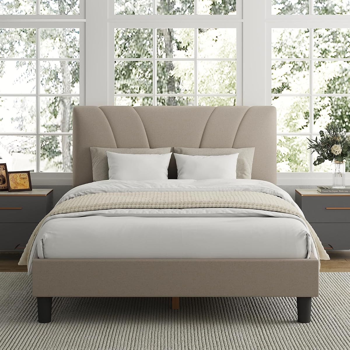Queen Bed Frame, Upholstered Platform Queen Size Bed Frame with Adjustable Headboard, Easy Assembly, No Box Spring Needed, Beige