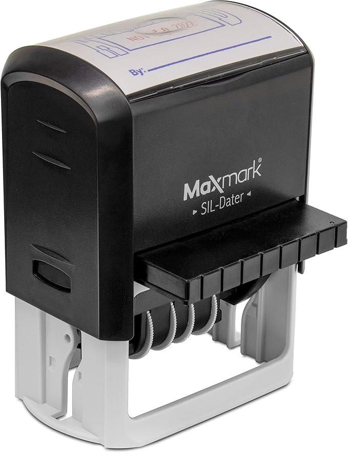 MaxMark Large Self-Inking Rubber Date Office Stamp with Entered Phrase & Date - Blue Ink, 12-Year Band - Style 5