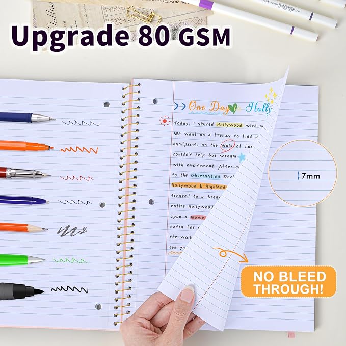 Spiral Notebook College Ruled Paper 8" x 10-1/2", 1 Subject Spiral Notebook 80GSM Paper, 3-Hole Punched Perforated Pages Ideal for School, Office, Writing, 75 Sheets Lined Journaling Notebook, Pink
