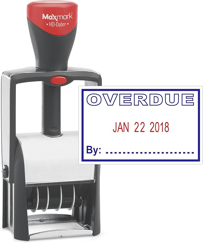 MaxMark Heavy Duty Self Inking Date Stamp with Phrase Overdue - 2 Color Blue/Red Ink
