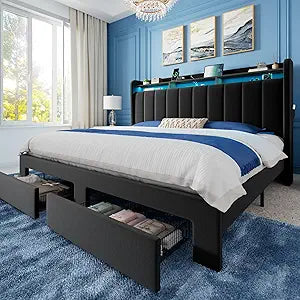 King Size Bed Frame with 2-Tier Storage Headboard & 2 Large Drawers