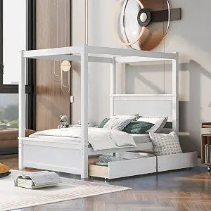 Full Size Canopy Platform Bed with 2 Drawers, Wooden Bed Frame with Support Slats, No Box Spring Needed, Brushed White