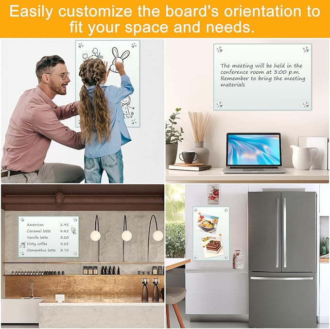 H-Qprobd White Board 24”x18“ Magnet Dry Erase Boards Frameless Magnetic Glass Whiteboard for Wall, Wall Mounted Whiteboard Includes 12 Magnets, 8 Markers and 2 Erasers