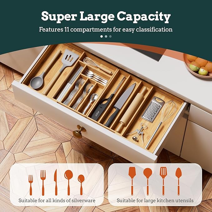 Silverware Organizer Large, Magnetic Connected Expandable 11 Slots Silverware Drawer Organizer From 21 to 37.4 Inches, Adjustable Flatware and Cutlery Holder, Bamboo Utensil Tray for Kitchen Natural