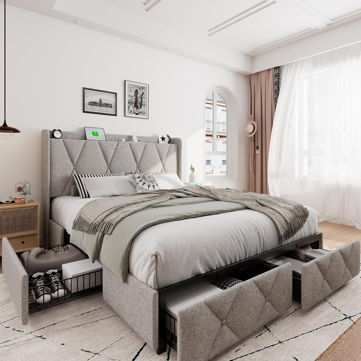 Queen Bed Frame with 4 Storage Drawers, Upholstered Platform Bed Frame with Charging Station, Modern Wingback Storage Headboard, Easy Assembly, Light Grey