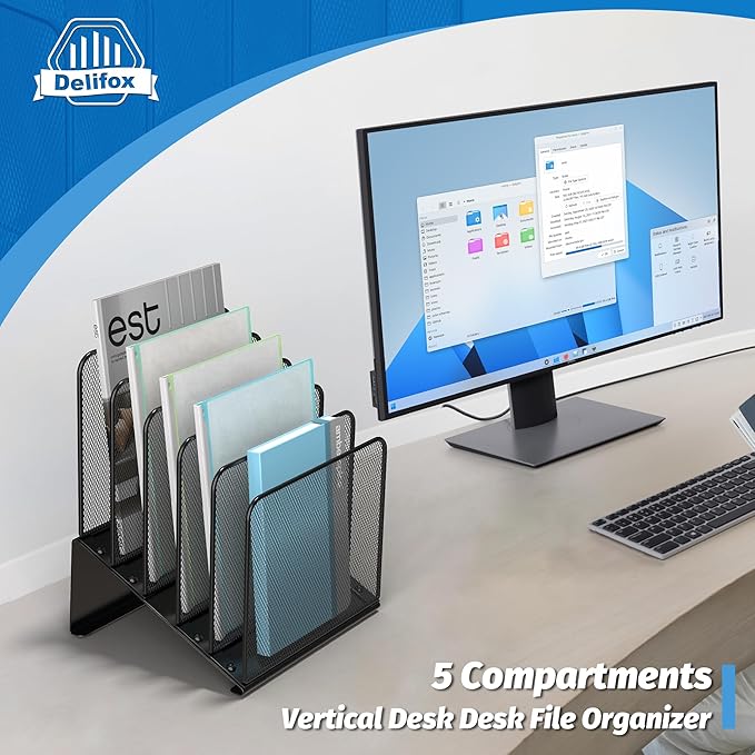 2 Pack Inclined 5-Section Desk File Organizer, Vertical File Folder Holder File Sorter Desktop Organization for Office Classroom