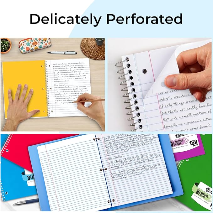 Rosmonde 36 Pack 3 Subject Spiral Notebook College Ruled Bulk, Thick Paper, Extra Pages - 300 Pages (150 Sheets), 8 x 10-1/2", Bulk Spiral Journal for School, 3 Hole Punched, Bulk Subject Notebooks