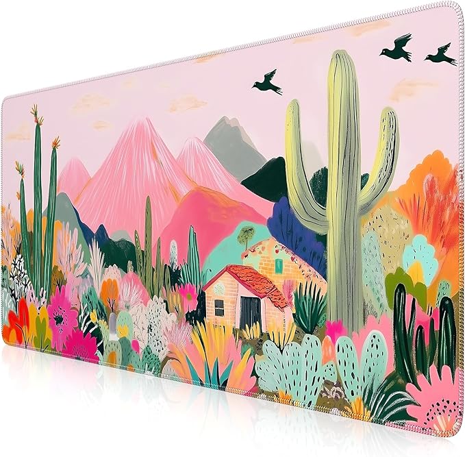 iCasso Large Gaming Mouse Pad (35"x16") - Waterproof Desk Mat with Non-Slip Rubber Base & Stitched Edges - Extended Keyboard Mousepad for Computer, PC, Office, Home Workspace (Cactus)