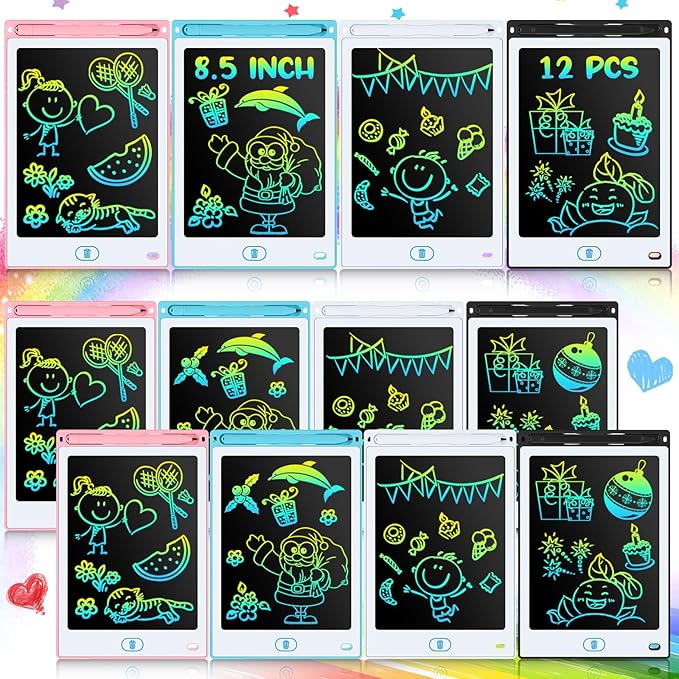 Tinlade 12 Pack LCD Writing Tablets for Kids, 8.5 Inch Erasable Doodle Boards Portable Electronic Drawing Pads, Learning Bulk Toys Gifts for Christmas School(Pink, Blue, White, Black)