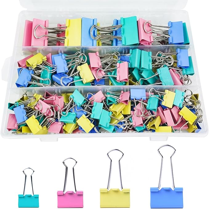 170 Pcs Binder Clips Assorted Sizes, Colored Large, Medium, Small Binder Paper Clips for Office Supplies, Home, School Document Organizing (Blue, Pink, Yellow, Green)