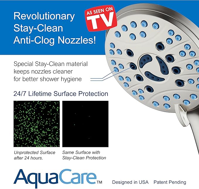 Hotel Spa AquaCare High Pressure 8-mode Handheld Shower Head - Anti-clog Nozzles, Built-in Power Wash to Clean Tub, Tile & Pets, Extra Long 6 ft. Hose, Wall & Overhead Brackets - 1.8 GPM