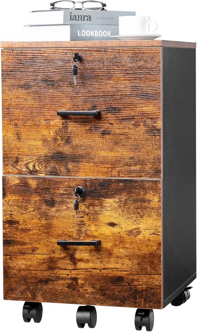 VINGLI 2-Drawer Small Rolling File Cabinet with Lock, Wood Filing Cabinet for Hanging Letter Size Filings with Tabs, Mobile Under Desk File Cabinets for Home Office, Rustic Brown, 27.2" H
