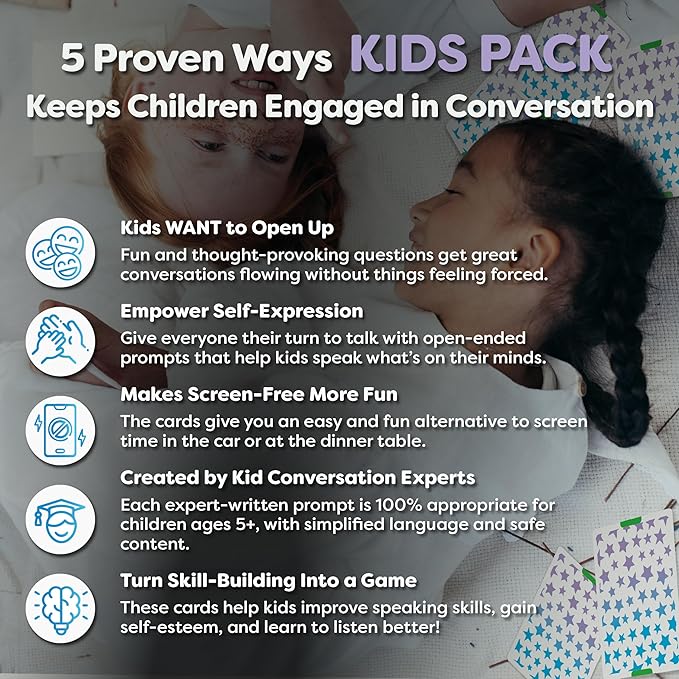 200 Kids Conversation Cards - Get Children to Enjoy Talking & Listening - Great for Road Trip & Family Dinners - A Way for Kids to Express Themselves