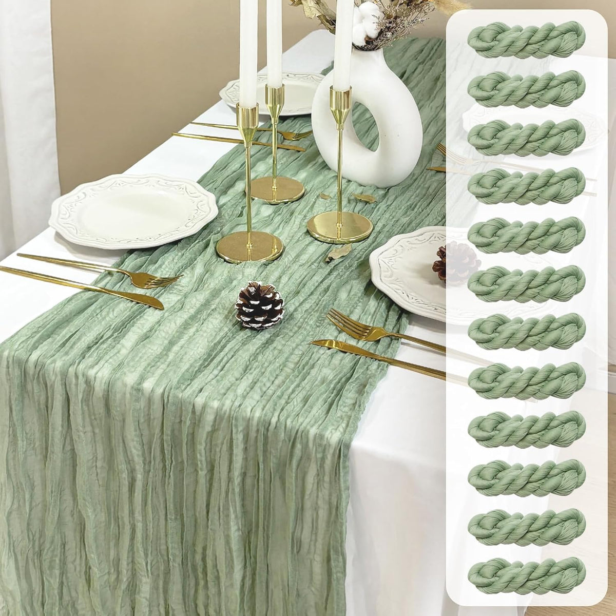 FEXIA 12 Pack Sage Green Table Runner 35x120 Inches for Baby Shower Decoration Gauze Rustic Boho Table Runner for Wedding Party First Communion Centerpiece Engagement Bridal Shower Boho Decoration
