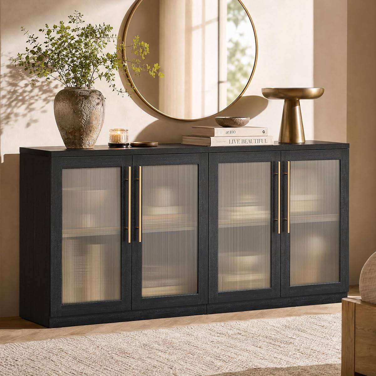 Set of 2 Accent Sideboard Cabinets, 62" Modular Credenza, Black