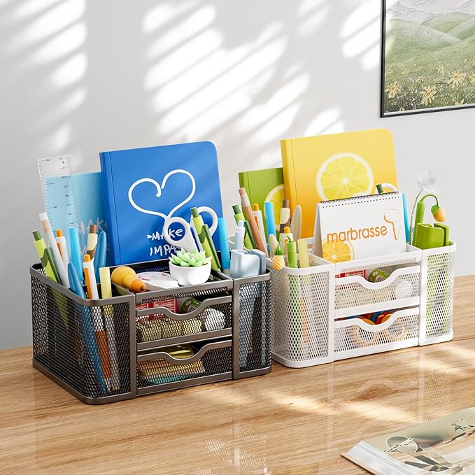 Marbrasse Mesh Desk Organizer, Pen Organizer with 2 Drawer, Multi-Functional Pencil Holder, Desk Organizers and Accessories with 5 Compartments + Drawer for Office Art Supplies (White)