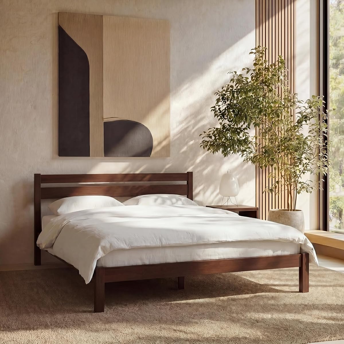 Classic Wood Platform Bed Frame with Headboard, Essential, Noise Free, Under Bed Storage, No Box Spring Needed, Easy Assembly (Walnut, Full)