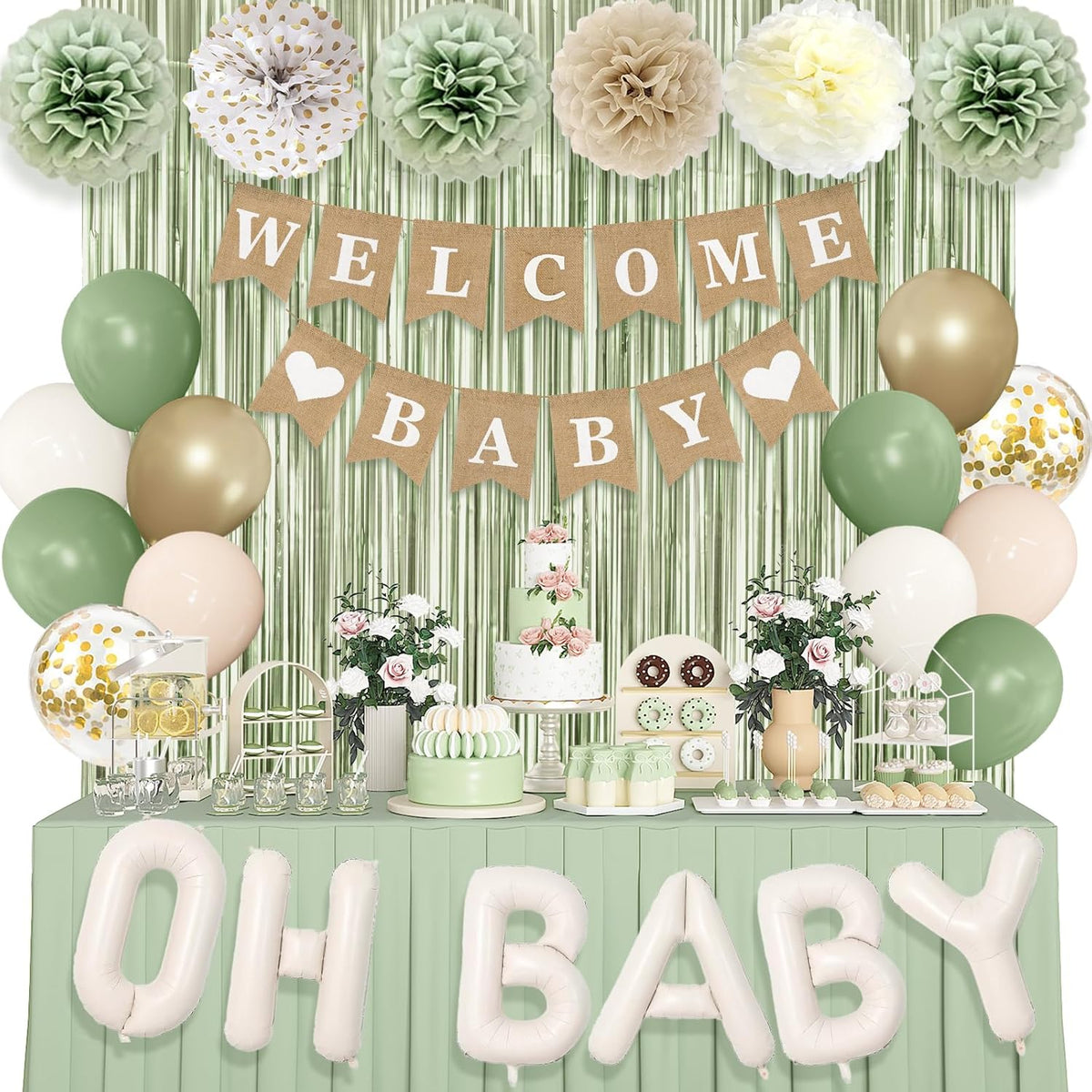 Ouddy Party Sage Green Baby Shower Decorations for Baby, Green Balloons with WELCOME BABY Banner Fringe Curtains Foil Balloons Paper Flower for Boho Baby Shower Birthday Gender Reveal Party Supplies