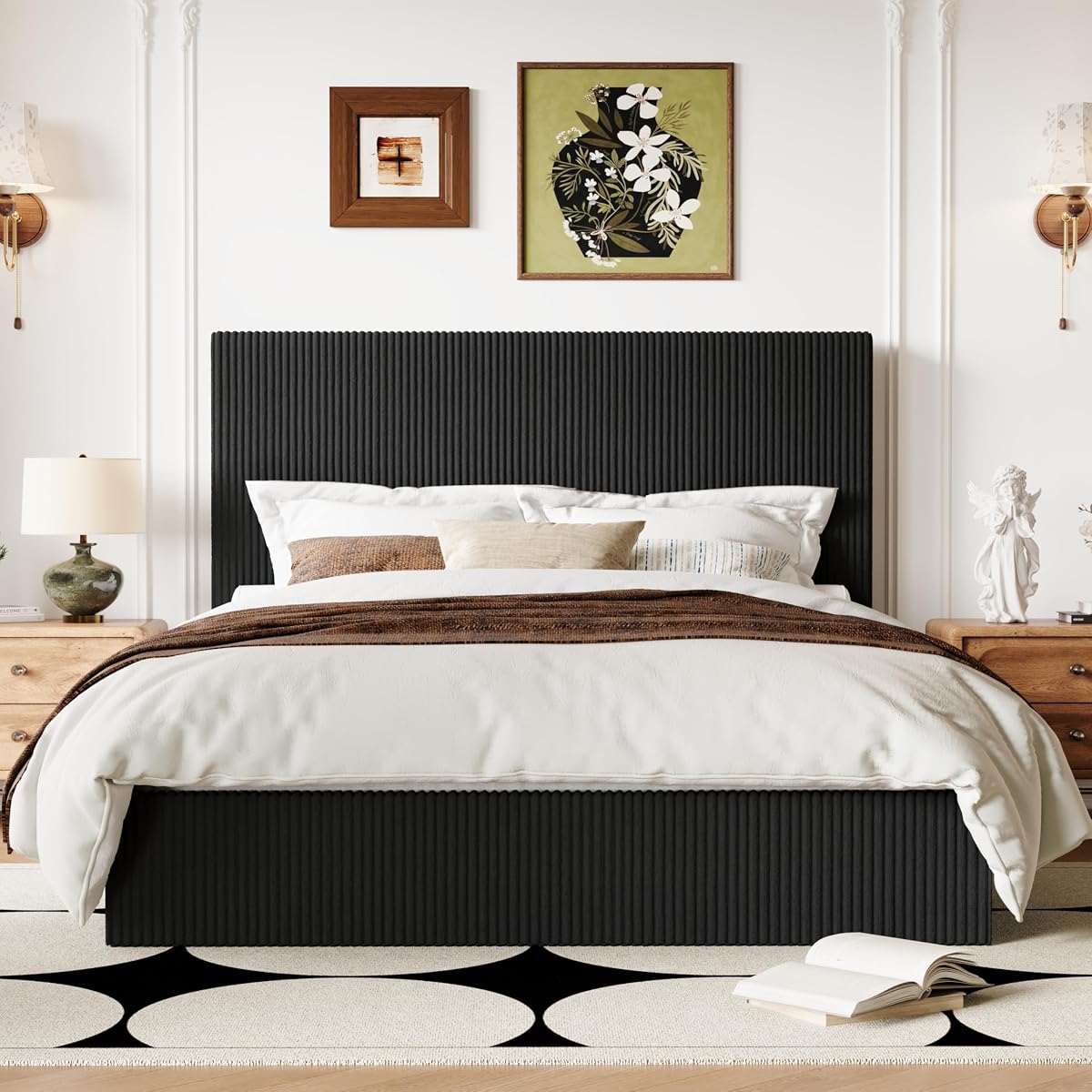 Queen Bed Frame, Adjustable Corduroy Headboard, Platform, Black