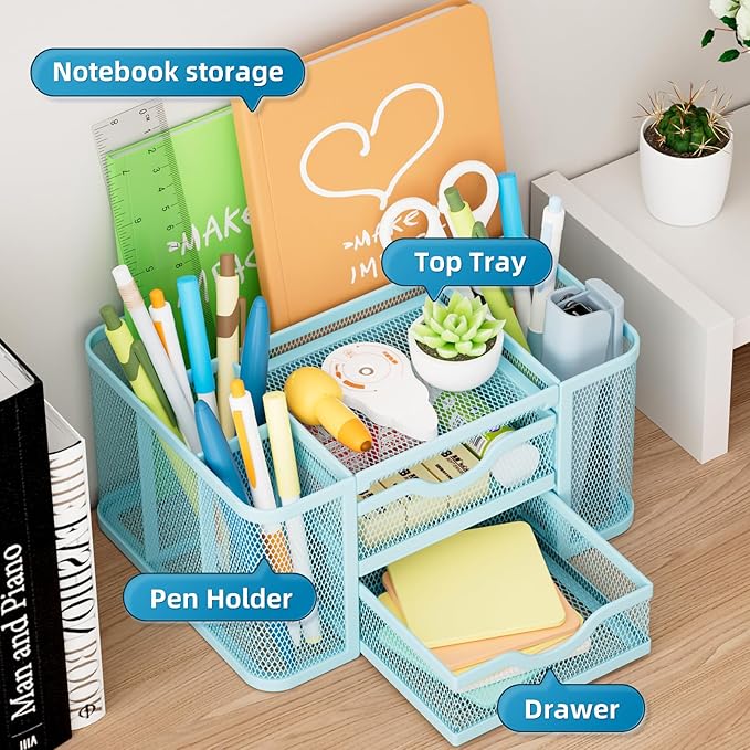 Marbrasse Mesh Desk Organizer, Pen Organizer with 2 Drawer, Multi-Functional Pencil Holder, Desk Organizers and Accessories with 5 Compartments + Drawer for Office Art Supplies (Blue)