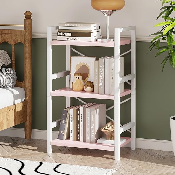 Homeiju Pink Bookshelf, 3 Tier Industrial Bookcase, Metal Small Bookcase, Rustic Etagere Book Shelf Storage Organizer for Living Room, Bedroom, and Home Office(Pink) Patent Pending D29873033