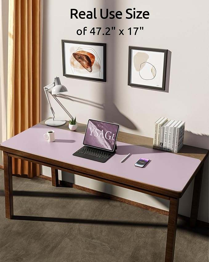 YSAGi Leather Desk Pad Protector, Office Desk Mat, Large Mouse Pad, Non-Slip PU Leather Desk Blotter, Laptop Desk Pad, Waterproof Desk Writing Pad for Office and Home(Grayish Lavender, 47" x 17")