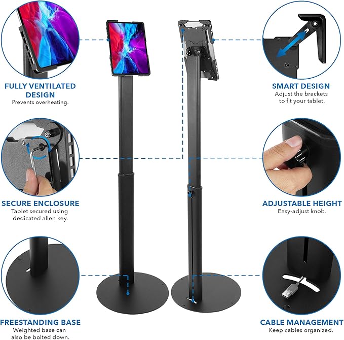 Mount-It! Anti-Theft Universal Tablet Kiosk Stand, Fits iPad Pro, Galaxy Tab, Surface Pro 9.7-13 Inch Tablets | Adjustable Floor Stand with Secure Locking for Retail, Trade Shows, POS, and Public Use