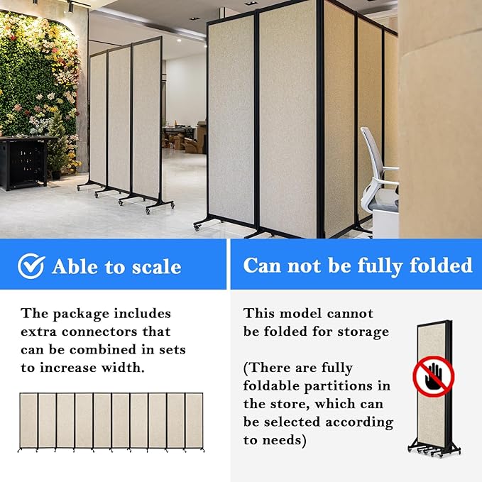 Upgrade Version Room Partition and Divider, Freestanding Rolling Dividers with Wheels,Office Privacy Screen Divider Wall,Classroom Felt Dividers,8'2"L* 6'7"H,4 Panel，Beige